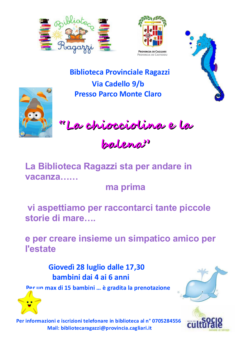 La chiocciolina e la balena”: laboratorio per bambini dai 4 ai 6 anni –  Sistema Bibliotecario di Monte Claro Città Metropolitana di Cagliari