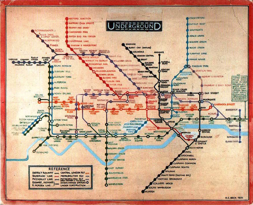 Bozzetto per il diagramma metropolitana di Londra (Henry C. Beck, 1931).