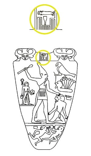 Il nome di Narmer (nr-mr) trascritto in geroglifici: il pesce è ne e il segno a forma di paletta è mr