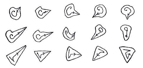 Diciotto tipi di punto ottenuti con altrettante variazioni del ductus; ciascun tipo ha nella calligraﬁa cinese una funzione specifica.