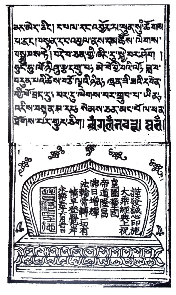 Ultima pagina cli un libro buddista in tibetano, intitolato I dieci mondi. Il libro è una xilograﬁa più volte ripiegata, stampata in Cina nel 1407. Alla fine del testo tibetano una riga è in caratteri indiani arcaici siddhamatrka, mentre il colophon (le indicazioni di scriba, luogo e data) è in cinese. Museo d'Arte cinese, catal. n. 586, Parma