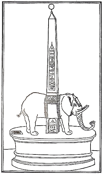 Incisione da Hipnerotomachia Polyphili di Francesco Colonna (Lotta di Poliﬁlo tra sonno e amore, 1499), con quello che sarà l'obelisco di piazza della Minerva a Roma.